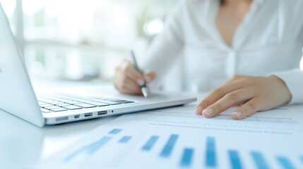 Fototapeta premium Business professional reviewing financial documents, analyzing data on laptop, working at desk in bright office environment