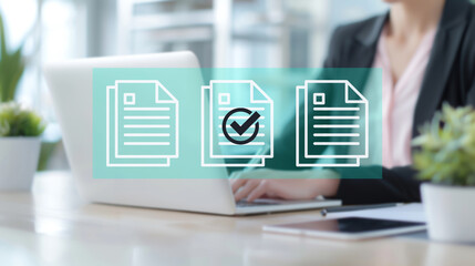 Office document approval, person typing on a laptop, digital file management, green overlay, organized workflow