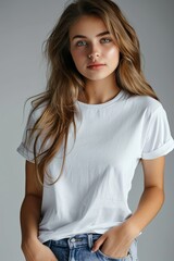Fototapeta premium White tshirt mockup on woman model created with Generative AI