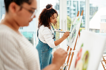 Workshop, people and artist with canva for painting, creativity and drawing sketch with acrylic....
