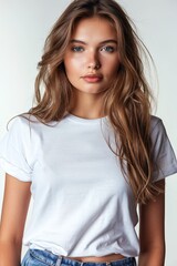Fototapeta premium White tshirt mockup on woman model created with Generative AI