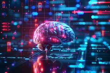 Fototapeta premium Digital interface with a 3D brain model, representing advanced AI technology, cognitive computing, and innovative data processing in a high tech environment
