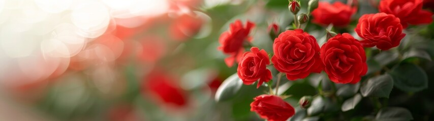 Field of red roses flowers production under a green, vibrant, blooming garden landscape