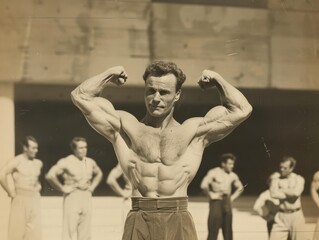 Vintage Photograph of a Muscular Man Flexing Biceps in Outdoor Setting with Onlookers in Background