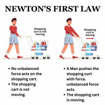 newton's first law scientific physics graphical illustration law of motion newton law man pushes shopping cart infographic diagram with example physical science education scientist