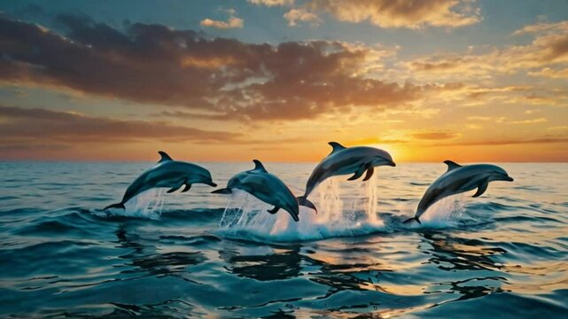 A group of dolphins jumping out of the ocean at sunset
