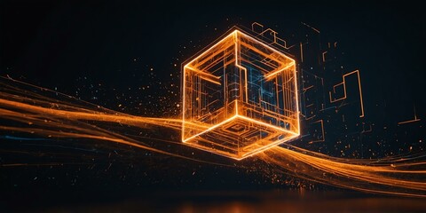 d pattern upward flow and orange cube with speed of f background