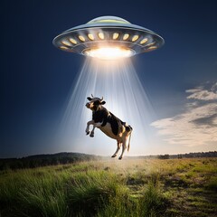 Spaceship kidnaps cow with light beam.