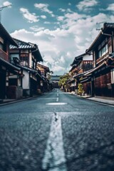Obraz premium An empty street in the center of the frame, surrounded by traditional japanese houses