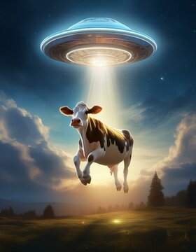 Alien spacecraft abducting and lifting a cow