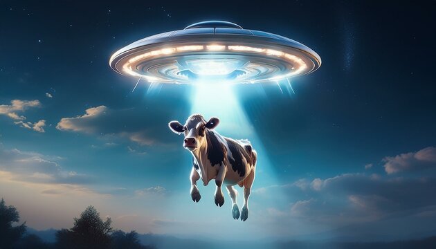 An alien spacecraft abducting and lifting a smiling cow