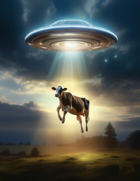 An alien spacecraft abducting and lifting a cow with beam