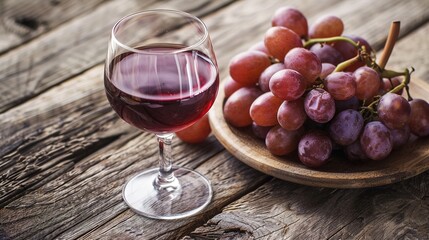 Glass of Red Wine and Fresh Grapes on Rustic Wooden Table