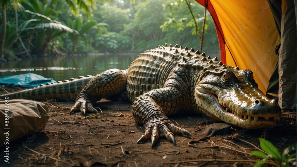 Wall mural A large crocodile resting on the bank of a river. AI.