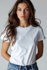 Fototapeta premium White tshirt mockup on woman model created with Generative AI