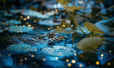 A frog floats in a pond surrounded by lily pads. AI.