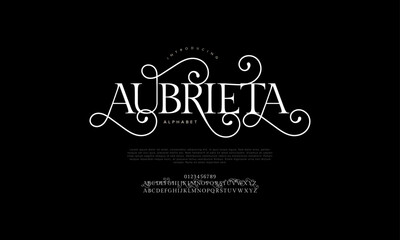 Aubrieta swash luxury elegant alphabet letters and numbers. Vintage wedding typography classic serif font decorative vintage retro. creative vector illustration