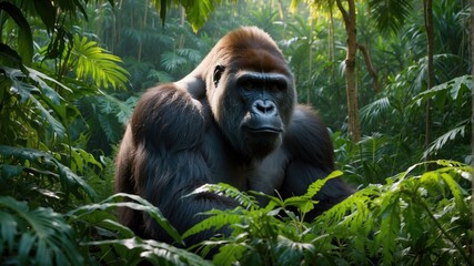 Fototapeta premium A gorilla sits in the jungle, surrounded by green vegetation. AI.