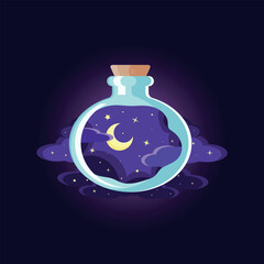Bottle with potion of night, stars, moon and clouds. Cartoon vector glass flask with violet glow magic elixir. Space power wizard spell in crystal jar. Vector illustration