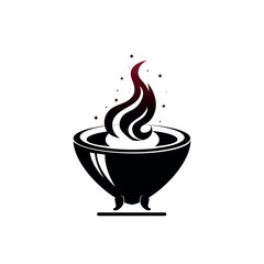 Witches cauldron with boiling magic potions isolated on a white background. Black cast-iron cooking pot, camping boiler, iron witches cauldron with handle. Halloween magic pot with fire elixir