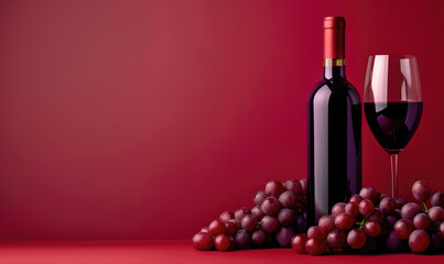 Fototapeta premium Red Wine Bottle and Juicy Grapes on Red Background