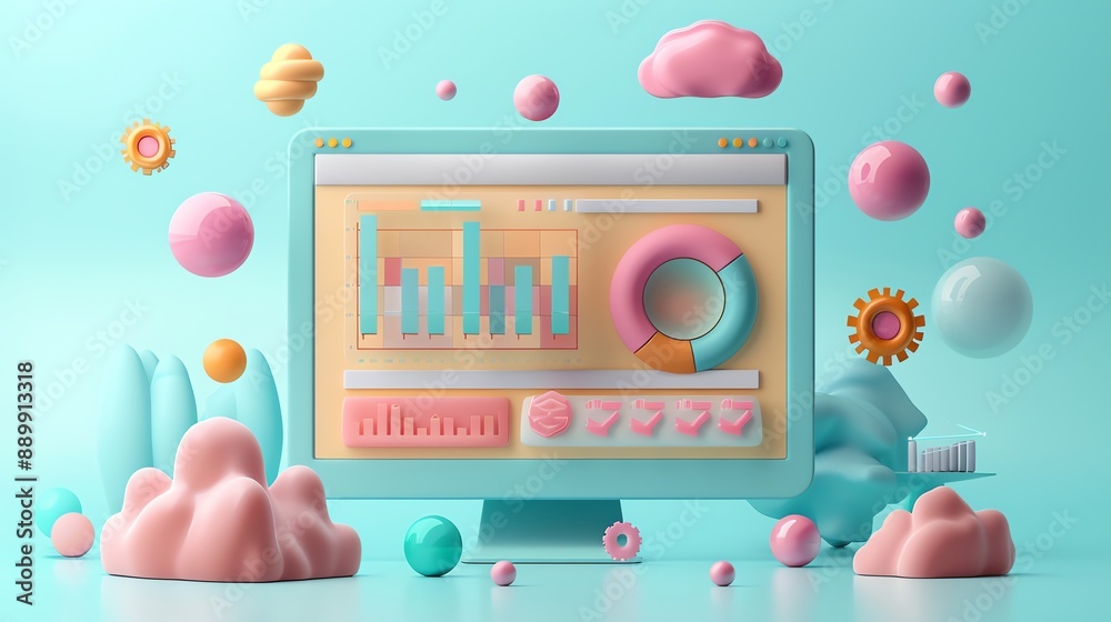 Poster 3D illustration of colorful computer with data analysis and graphs.