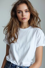 Fototapeta premium White tshirt mockup on woman model created with Generative AI