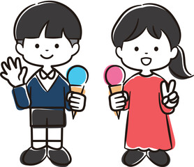 アイスクリームを持つ男の子と女の子のイラスト素材
