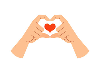 Obraz premium Two Hands Forming A Heart Shape With A Small Red Heart In The Center. Cartoon Vector Illustration Represents Love, Care