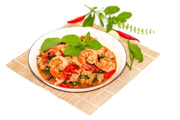 Pictures of Stir-fried shrimp put on white background with isolated style.