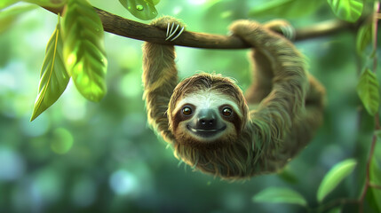 Naklejka premium a sloth hanging from a tree branch, with its brown eyes and black nose visible, while a green leaf rests nearby