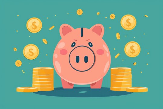 Cute piggy bank illustration with coins, ideal for saving and finance concepts. Perfect for financial planning or investment themes.