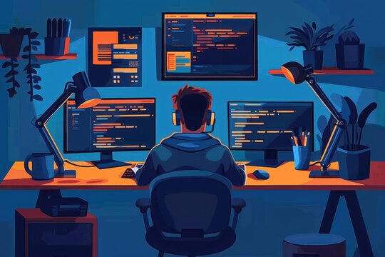 A programmer working late at night in a high-tech workspace with multiple monitors displaying code. Modern and focused coding environment.