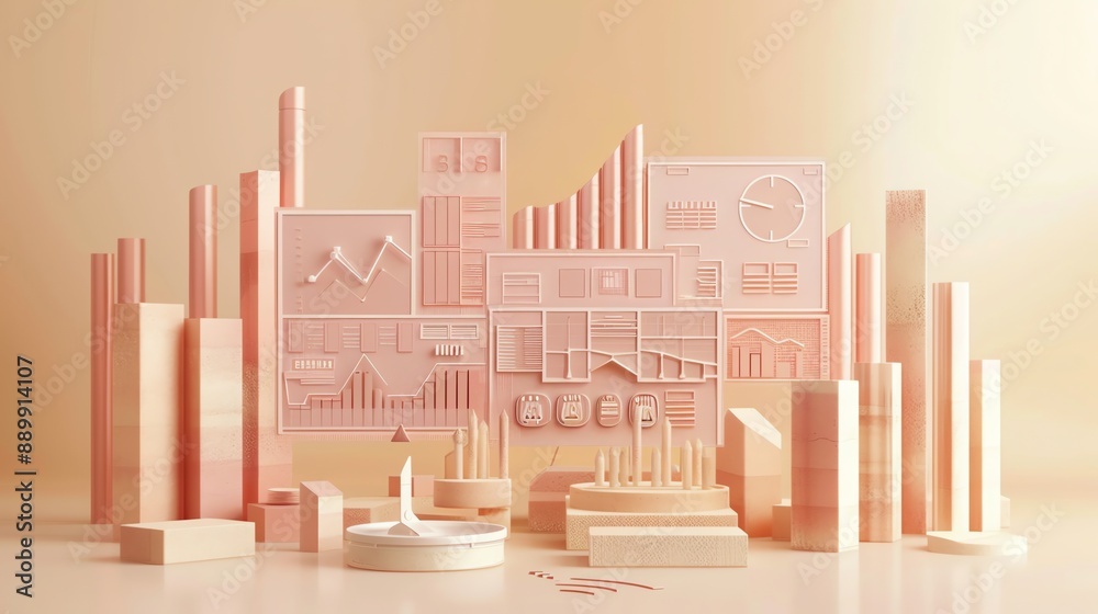 Poster Abstract pastel pink 3d geometric shapes with data visualization elements.