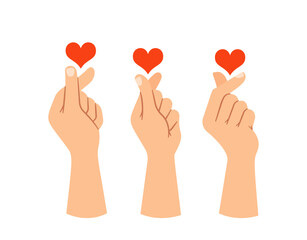 Three Hands Making Tiny Heart Gestures With Fingers, Symbolizing Love, Affection, And Connection, Vector Illustration