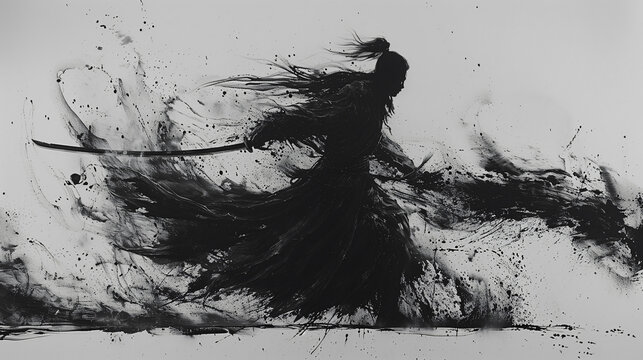 Abstract ink illustration of a swordman black and white background
