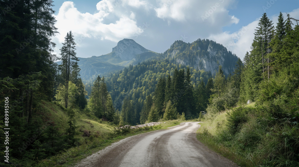 Wall mural a road in the woods with a mountain in the background