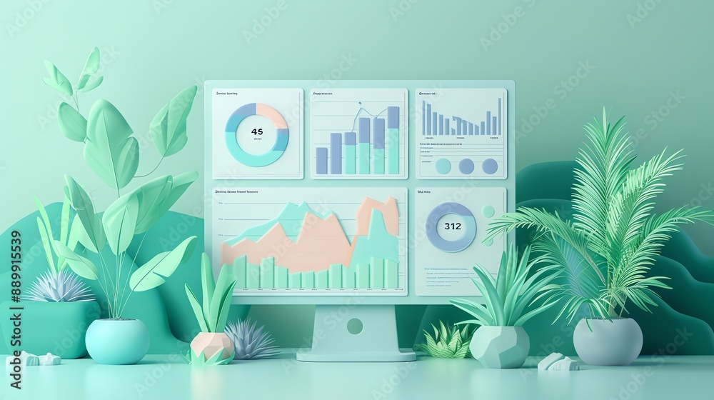 Poster modern minimalist 3d render of charts and plants.