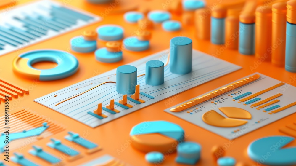 Poster Colorful 3D Charts and Graphs on Orange Background.