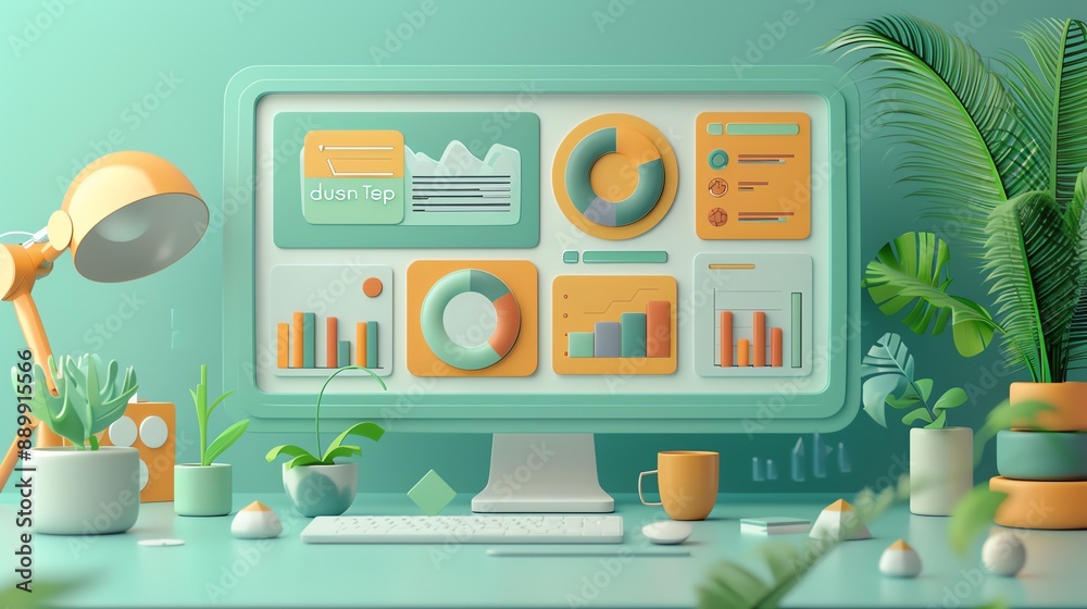 Aufkleber 3D Illustration of a Computer Desk with Charts and Graphs.
