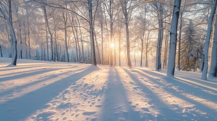 Obraz premium A snowy forest with a sun shining through the trees
