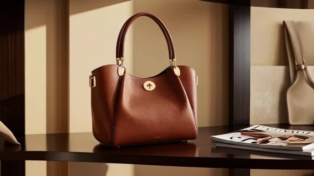 A gorgeous leather handbag with a unique design and a delicate interior, on a shelf