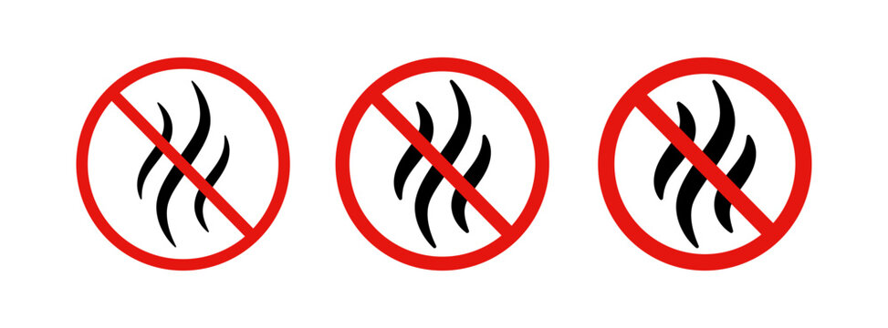 Anti bad smell icon. Odor control label. Forbidden flavors symbol. Strong flavors are not allowed. Deodorant sign. No perfume icon. Forbidden smoke. Vector illustration isolated on white background.