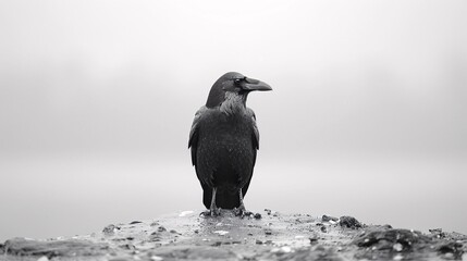 7. A minimalist image with a white background featuring a single black crow, positioned in the center