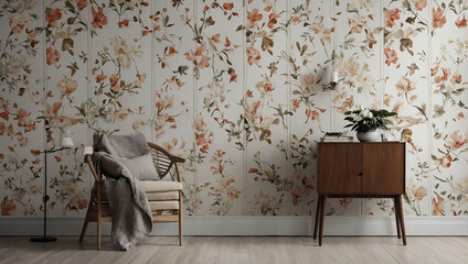 a living room with a couch and a wallpaper with a floral print.