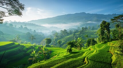 Fototapeta premium A lush green hillside with a misty fog rolling in from the mountains