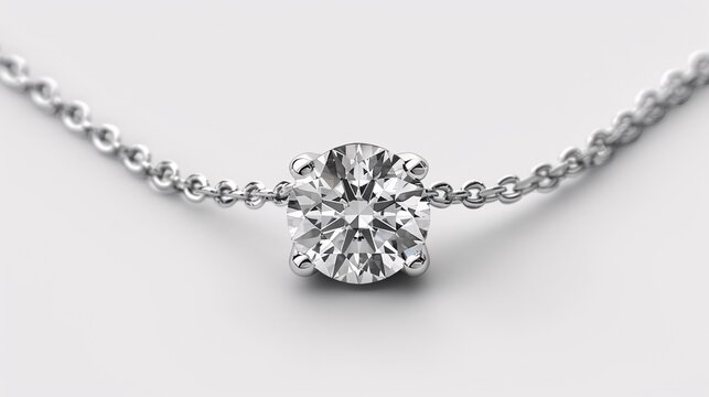 2. A minimalist image with a white background featuring a single silver necklace with a diamond pendant, positioned in the center
