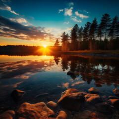 Tranquil Sunset Landscape with Reflection in Lake
Tranquil Sunset on Calm Beach with Beautiful Nature Surroundings sunrise over lake
sunset at sea embracing a spectrum of sunrise hues 
