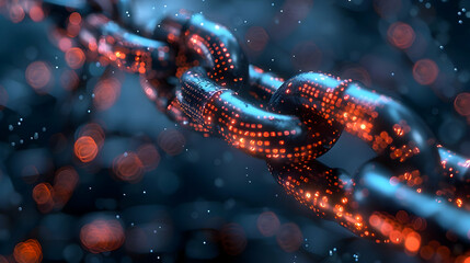 3D Illustration of a Chain with Red Lights and Blue Bokeh