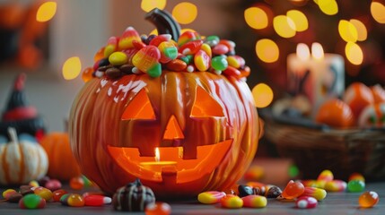 Concept of Halloween Day and Pumpkin Day. Trick or treat with sweet candies in a Halloween pumpkin bouquet, in a halloween celebration mood 